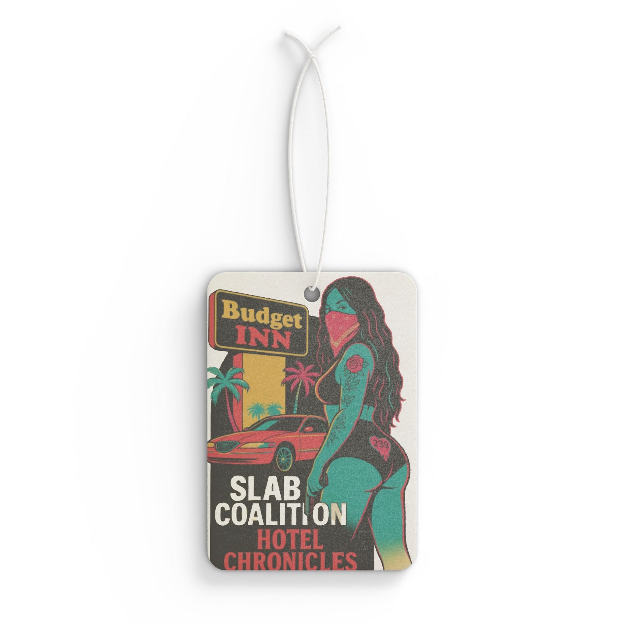 Vibrant Car Air Freshener - Slab Coalition Hotel Chronicles Design, Unique Car Decor, Gift for Auto Enthusiasts, Retro Vibes, Cool Fragrance