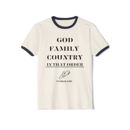 Unisex Ringer T-Shirt - God Family Country | Memorial Tee | Patriotic Apparel | Gift for Veterans | Casual Everyday Wear
