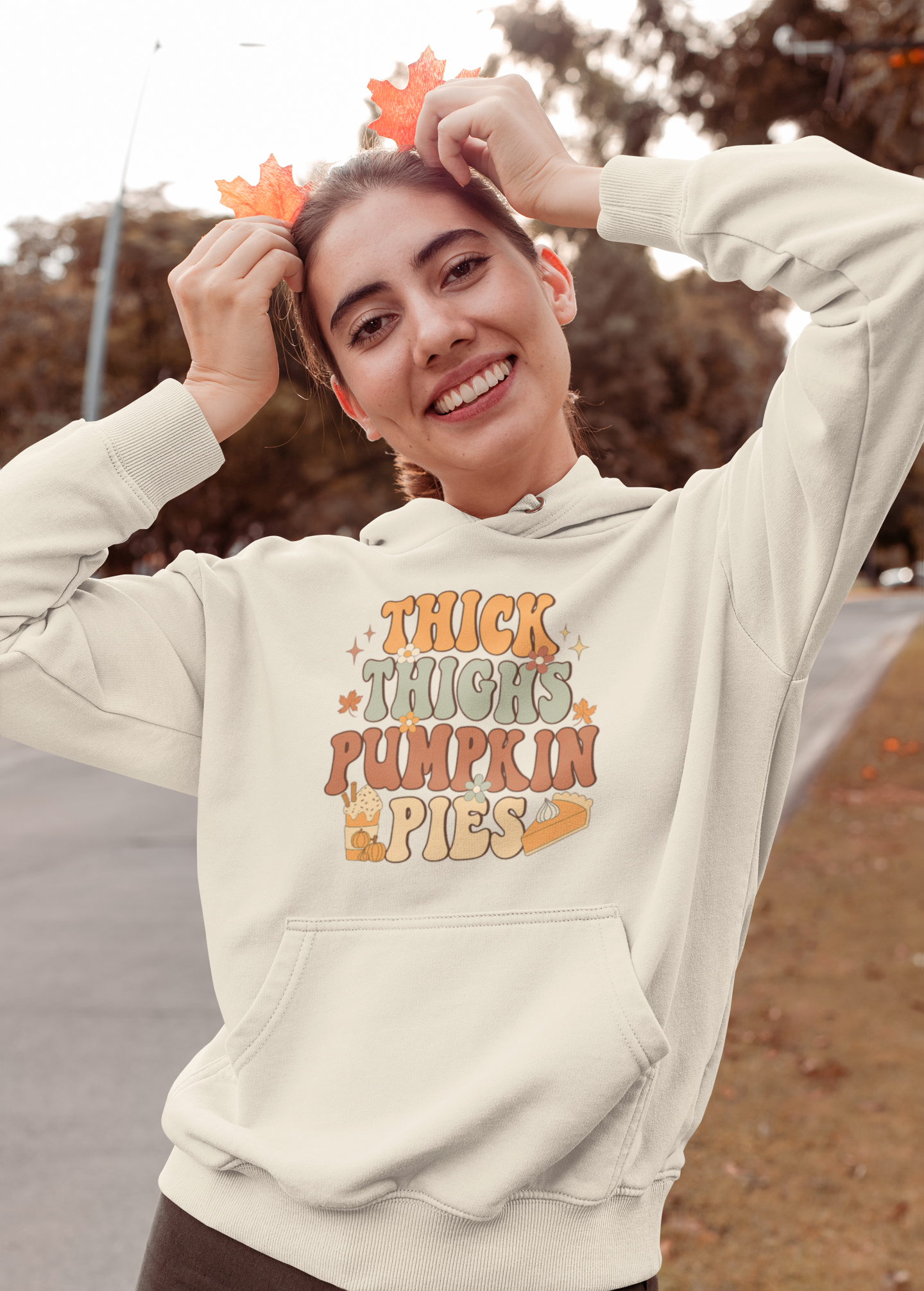 Funny Holiday Hooded Sweatshirt | Thick Thighs Pumpkin Pies | Shop Sticker House Fall Collection