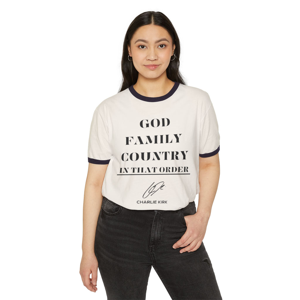 God Family Country | Charlie Kirk Memorial Tee | Shop Sticker House Memorial Collection